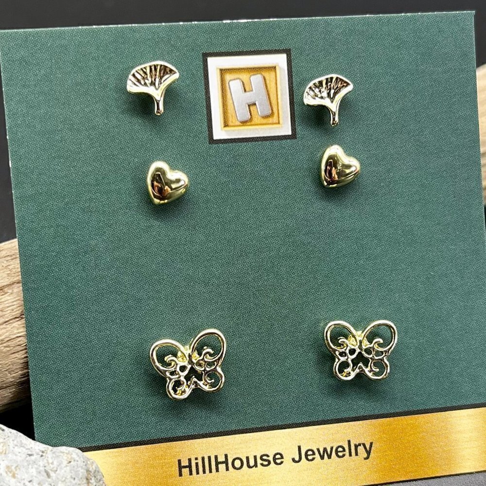 Gold Stud Earrings Set of 3 | Butterfly Heart Ginkgo - Picture 3 of 5
